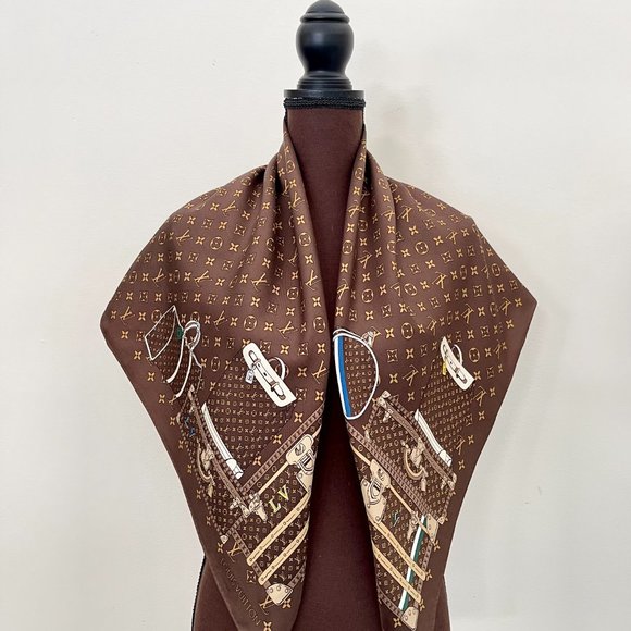 New Louis Vuitton Scarf Travel Trunks Monogram Brown Silk Wrap - Picture 4 of 14